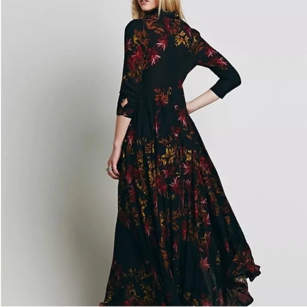 Rare Free People After The Storm Black Red Floral Print Boho Maxi Shirt Dress 4